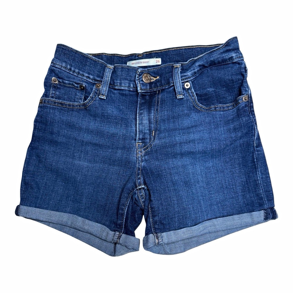 Women's Levi's Mid Length Mid Rise Denim Shorts Sz 26 Blue Cuffed 5-Pocket